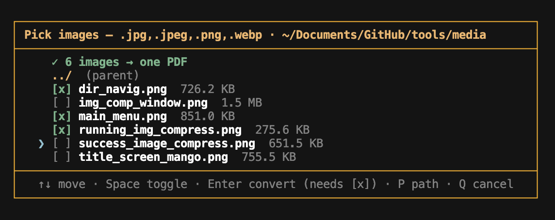 Pick images — Space toggles which ones go into the PDF