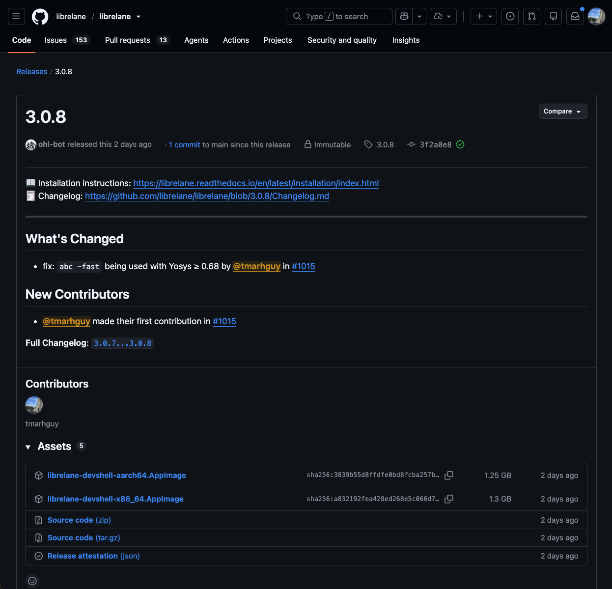 LibreLane 3.0.8 release credits tmarhguy for the Yosys compatibility fix