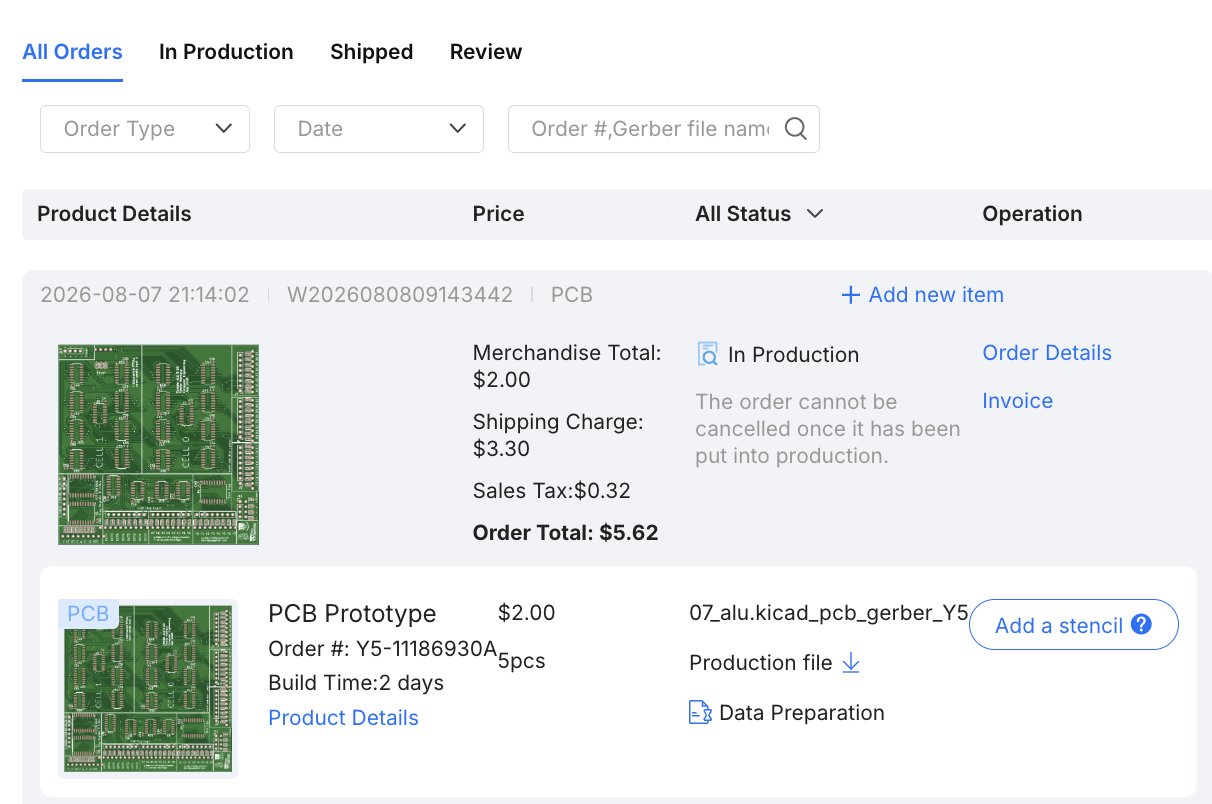JLCPCB order confirmation