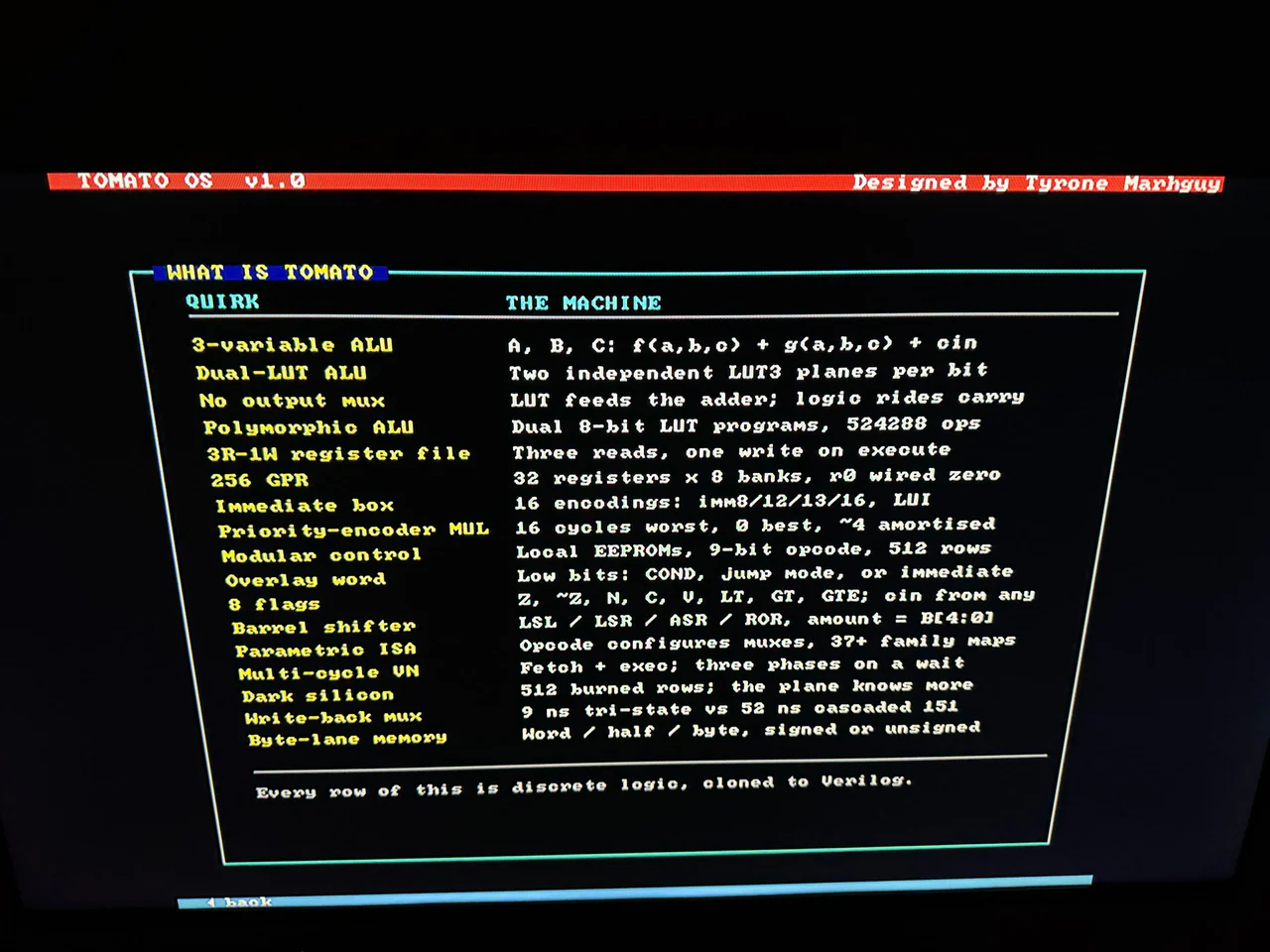 What is Tomato — quirks and features listed on one HDMI screen.